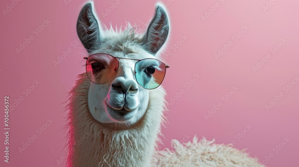 Poster a llama wearing sunglasses posing against a vibrant pink background. perfect for adding a fun and qu