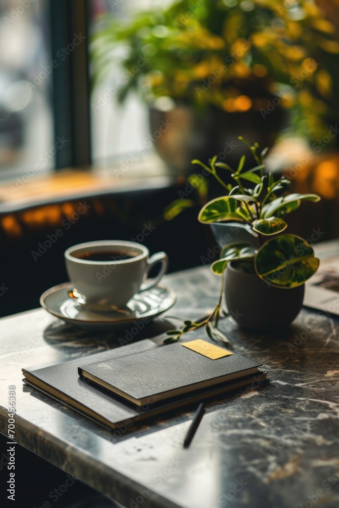 Poster A cup of coffee and a notebook placed on a table. Suitable for various business and creative concepts