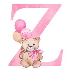 Pink letter Z with watercolor teddy bear