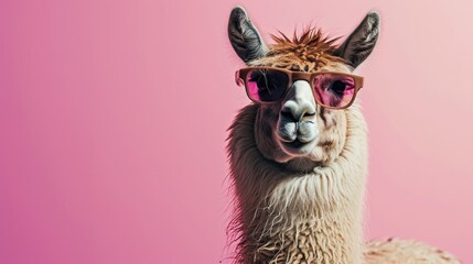 A llama wearing sunglasses stands out against a vibrant pink background. Perfect for adding a touch of fun and personality to any project