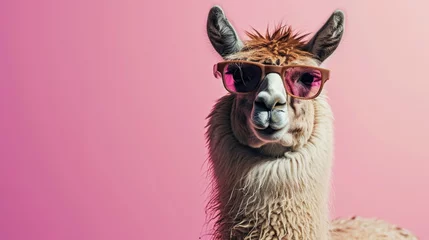 Selbstklebende Fototapete Lama A llama wearing sunglasses stands out against a vibrant pink background. Perfect for adding a touch of fun and personality to any project