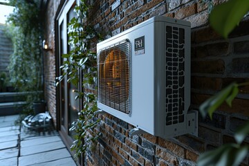 Heat pump with digital display reading efficiency ratings, White and modern against a brick wall. Generative AI. - obrazy, fototapety, plakaty