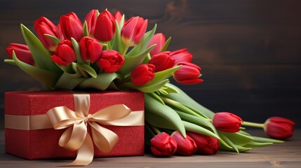 Fototapeta premium Gift box with a bouquet of tulips 
