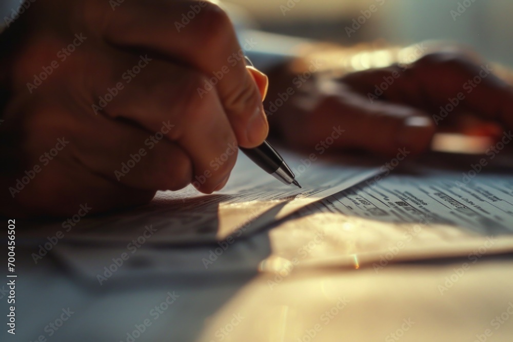 Poster a person is shown writing on a piece of paper using a pen. this image can be used for various purpos