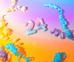 24th Birthday Celebration, 24th Anniversary, Party Streamers on a Modern Pastel Gradient Background