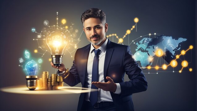 "Innovative Vision: Businessman Holds Creative Light Bulb Amidst Growth Graph and Banking Icons, Spearheading Financial Innovation for Developing New Products and Services, Enhancing Success and Profi