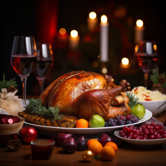 Holiday Elegance: A Perfectly Roasted Turkey Centerpiece, Paired with Gourmet Sides of Mashed Potatoes, Green Bean Casserole, and Traditional Pumpkin Pie