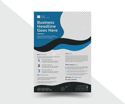 Modern blue and black simple corporate business flyer layout templet in vector illustration A4 size with natural elements and space for photo background... 