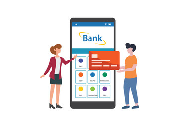 Vector illustration of man and woman doing bank transactions with credit cards and smartphones