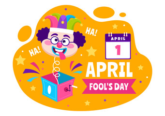 Happy April Fools Day Celebration Illustration Wearing a Jester Hat and a Box Containing Surprises to Surprise People in Flat Cartoon Holiday