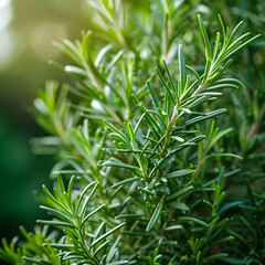 Fototapeta premium Fresh Rosemary Herb grow outdoor. Rosemary leaves Close-up.