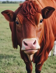 Red cow in a field close up