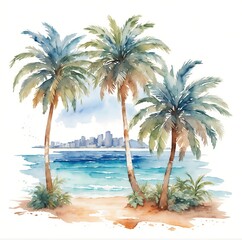 "Summer Oasis: Watercolor Illustration of Palm Trees on a Beach with Ocean Views, Perfect for Holiday Travel and Vacation Vibes. Ideal for Logos, T-Shirts, and Summery Designs, Isolated on a White Bac