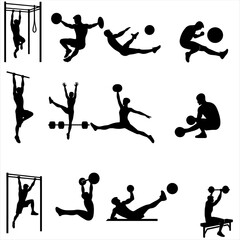 set of calisthenics  players silhouettes ,set of fitness silhouettes ,set of gym silhouettes