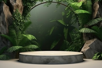 Tranquil Wilderness: Podium Stone in Lush Green Rainforest with Waterfall