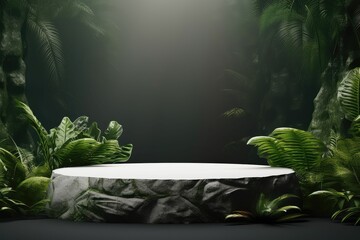 Tranquil Wilderness: Podium Stone in Lush Green Rainforest with Waterfall