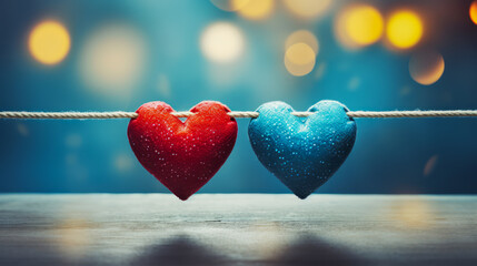 Two glittery hearts, red and blue, hanging on a string with bokeh lights. Love and romance concept. Generative AI - Powered by Adobe
