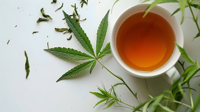 Nat&uuml;rliche Entspannung: Frisch aufgebr&uuml;hter Cannabis-Tee in Keramiktasse