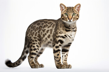 Fototapeta premium Leopard Cat standing on a white background. Animal right-side portrait.