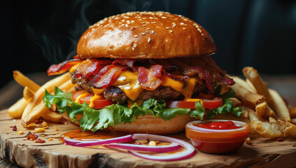 A Bacon Burger on a wooden board. Generative AI. - obrazy, fototapety, plakaty