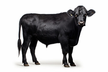 Black Angus cattle standing on a white background. Animal right-side portrait.