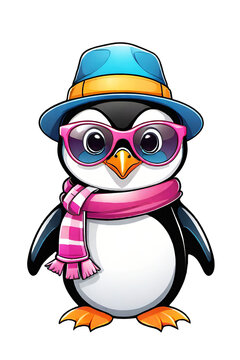 Cute penguin wearing winter hat and scarf illustration on transparent background 