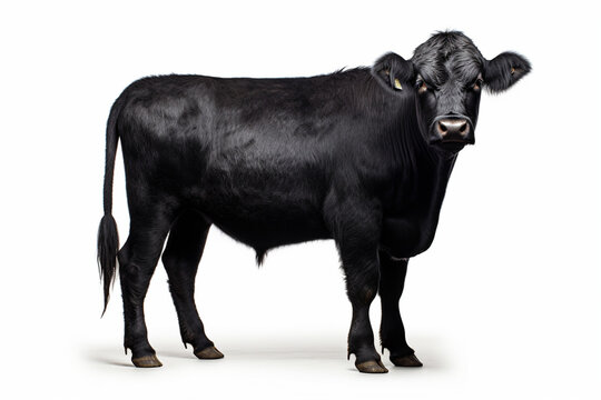 Black Angus cattle standing on a white background. Animal right-side portrait.