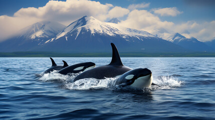 Killer whales swim in the Pacific Ocean with mountain