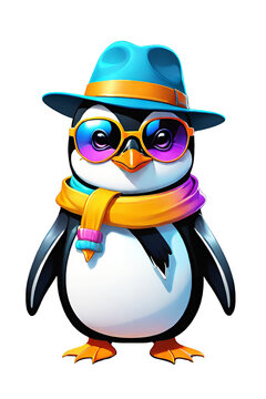 Cute penguin wearing winter hat and scarf illustration on transparent background 