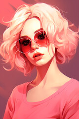 Fototapeta premium Stylish blonde with short hair and sunglasses. Pink aesthetics. Generative AI