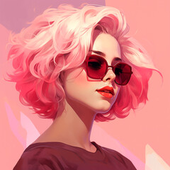 Stylish blonde with short hair and sunglasses. Pink aesthetics. Generative AI