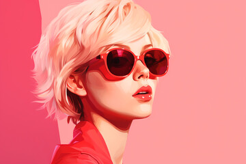 Stylish blonde with short hair and sunglasses. Pink aesthetics. Generative AI