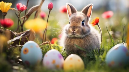 Adorable Bunny With Easter Eggs In Flowery Meadow 