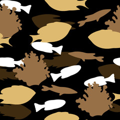 Seamless Pattern with White and Brown Fish and Coral Silhouettes.