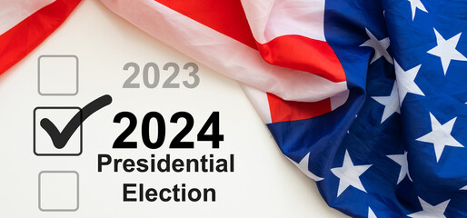 Presidential elections in America. The inscription Vote and 2024 on the background of the American...