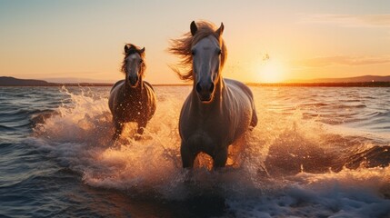 Obraz na płótnie Canvas Beautiful horses running in sunny ocean at sunrise