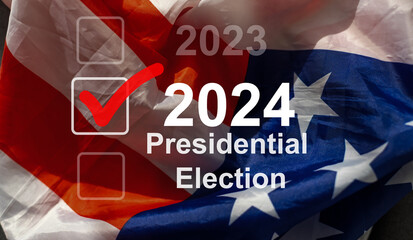 Fototapeta na wymiar 2024 presidential election year in United States as illustration template on blue background wall with reflection.