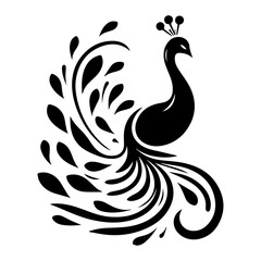 minimal peacock bird vector silhouette, black color silhouette, white background