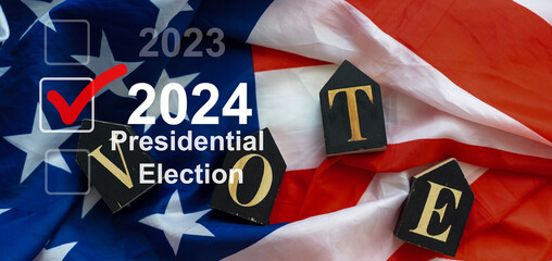 Fototapeta premium 2024 presidential election year in United States as illustration template on blue background wall with reflection.