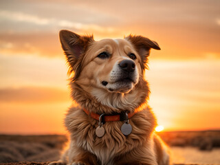 A happy dog with a beautiful sunset