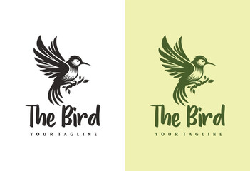 ink drawing of a flying bird perched on a tree branch. Vector illustration.