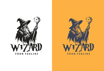 Wizard Magician logo design illustrations vector template ink drawing style