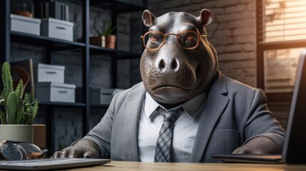 Businessman hippopotamus sitting at office 