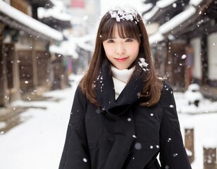 雪景色と若い女性