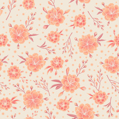 peach fuzz floral print. peach blossom seamless pattern. vintage cherry blossom botanical flowers. good for fabric, fashion design, kimono, summer dress, textile, pajama, wallpaper, background.