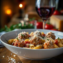 Mediterranean Elegance: Penne Pasta with Spicy Arrabbiata Sauce and Juicy Meatballs, Accompanied by a Refreshing Arugula and Parmesan Salad