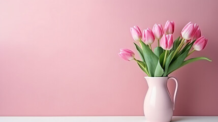 Pink Tulips in vase - obrazy, fototapety, plakaty
