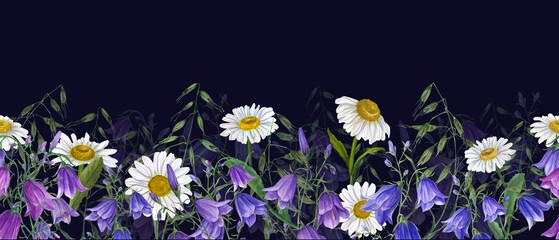Floral seamless horizontal border with campanula, daisy. wild oats. Watercolor pattern on dark background. Panoramic illustration summer meadow flowers for fabric, textile, wrapping. - obrazy, fototapety, plakaty