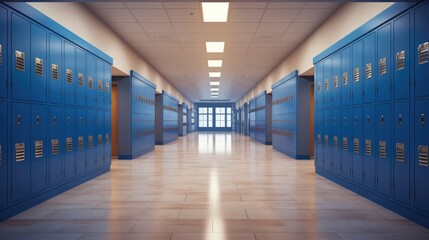 Empty school hallway with royal blue metal lockers along both sides of the hallway