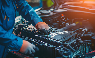 Hands in gloves of expert technicain electric car, EV car  Lithium-ion car battery.